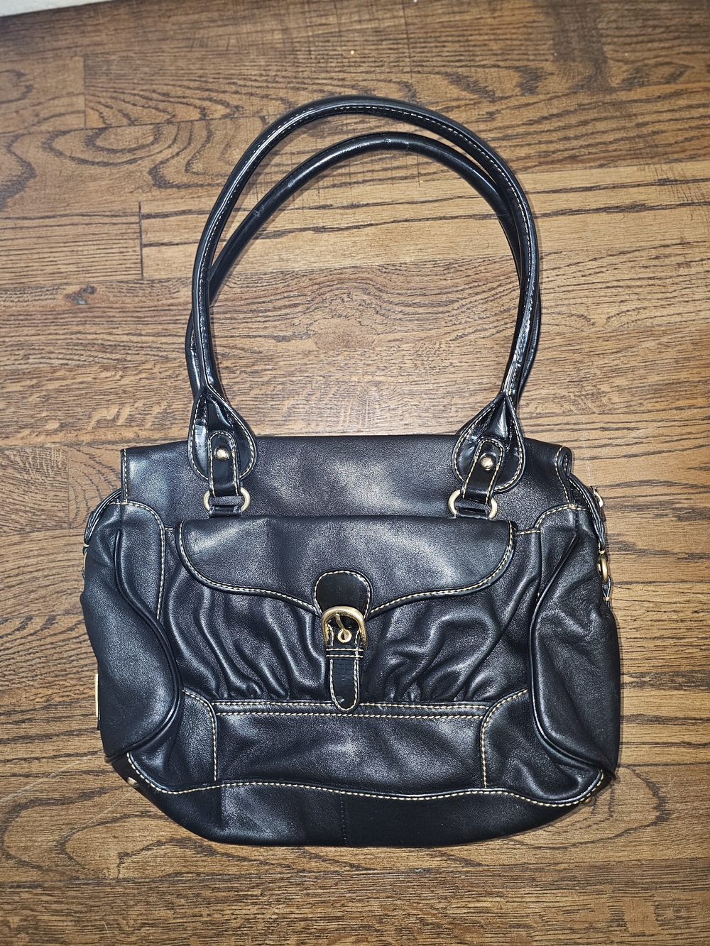 Black Shoulder Bag with Gold-Tone Buckle